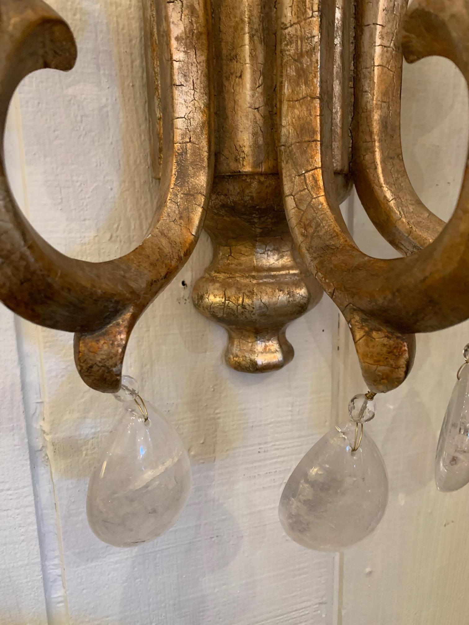 Rock Crystal Fabulous Chunky Pair of Designer Giltwood Candle Sconces For Sale