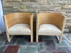 Fabulous Coastal Modern Pair Betty Cobonpue Barrel Back Wicker Lounge Chairs