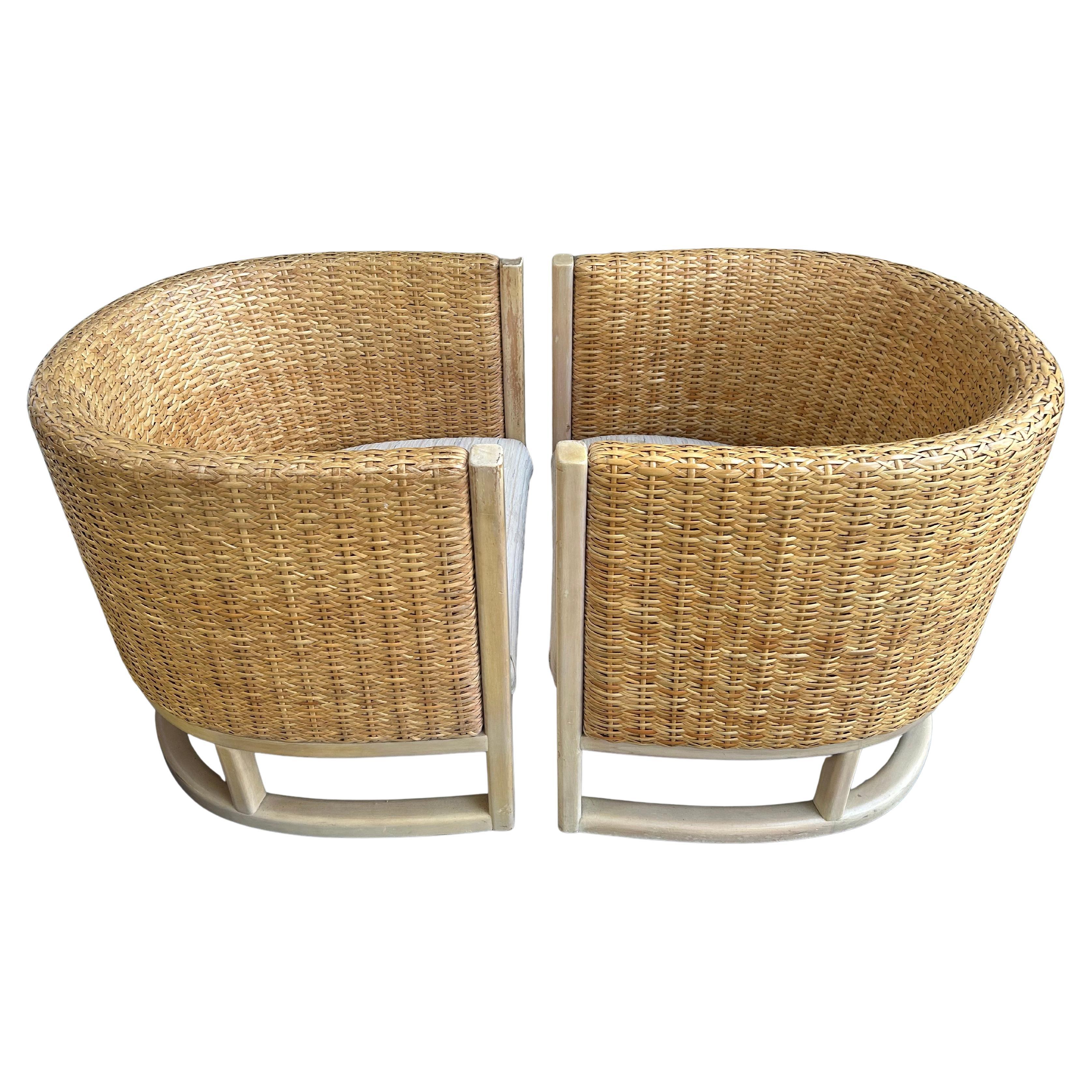 Fabulous Coastal Modern Pair Betty Cobonpue Barrel Back Wicker Lounge Chairs For Sale