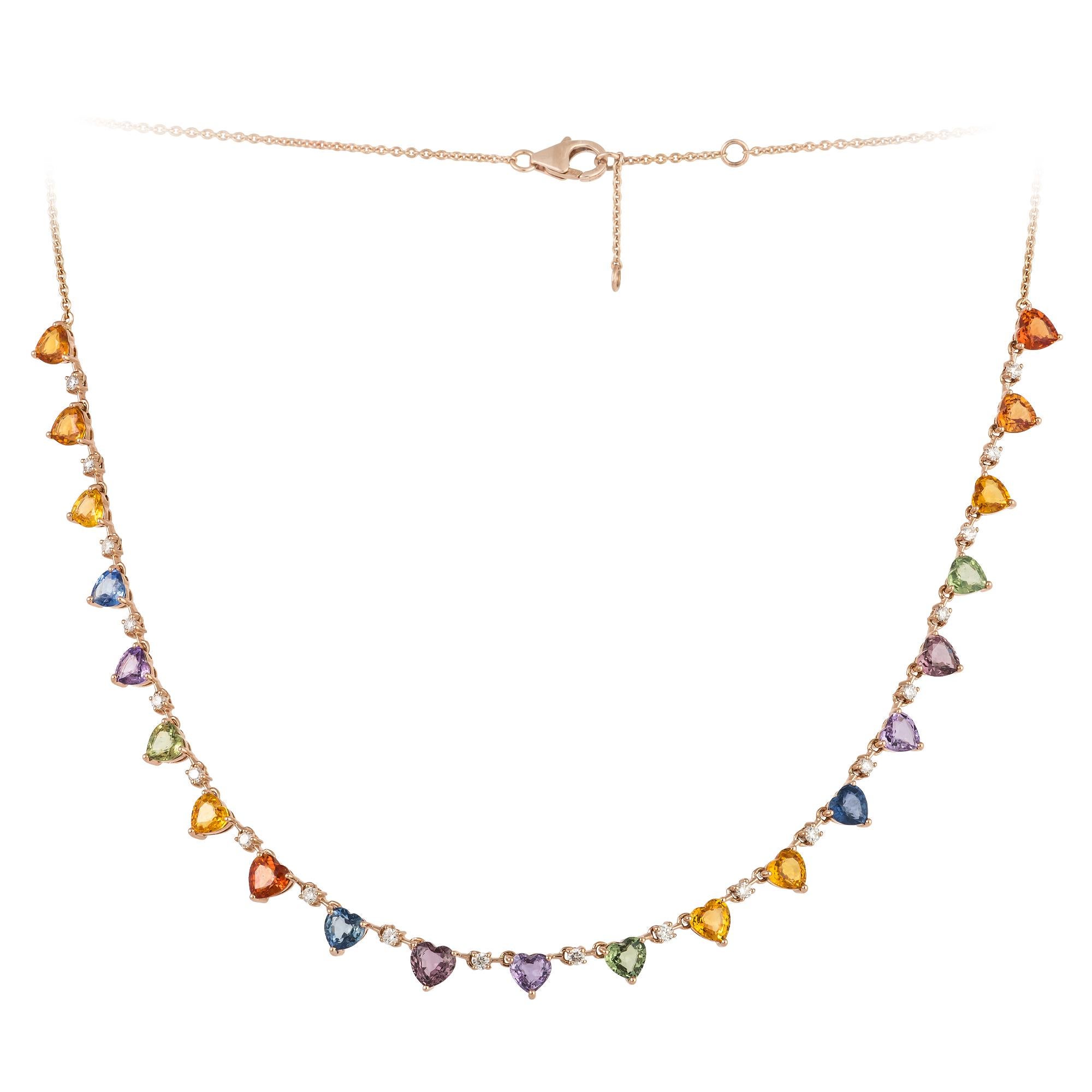 Necklace Rose Gold 18 K 
Diamonds 0.65 Cts/20 Pcs
Multi Sapphire 13.29 Cts/21 Pcs

Weight 9,65 grams
Length 42 cm (Adjustable= 

With a heritage of ancient fine Swiss jewelry traditions, NATKINA is a Geneva based jewellery brand, which creates