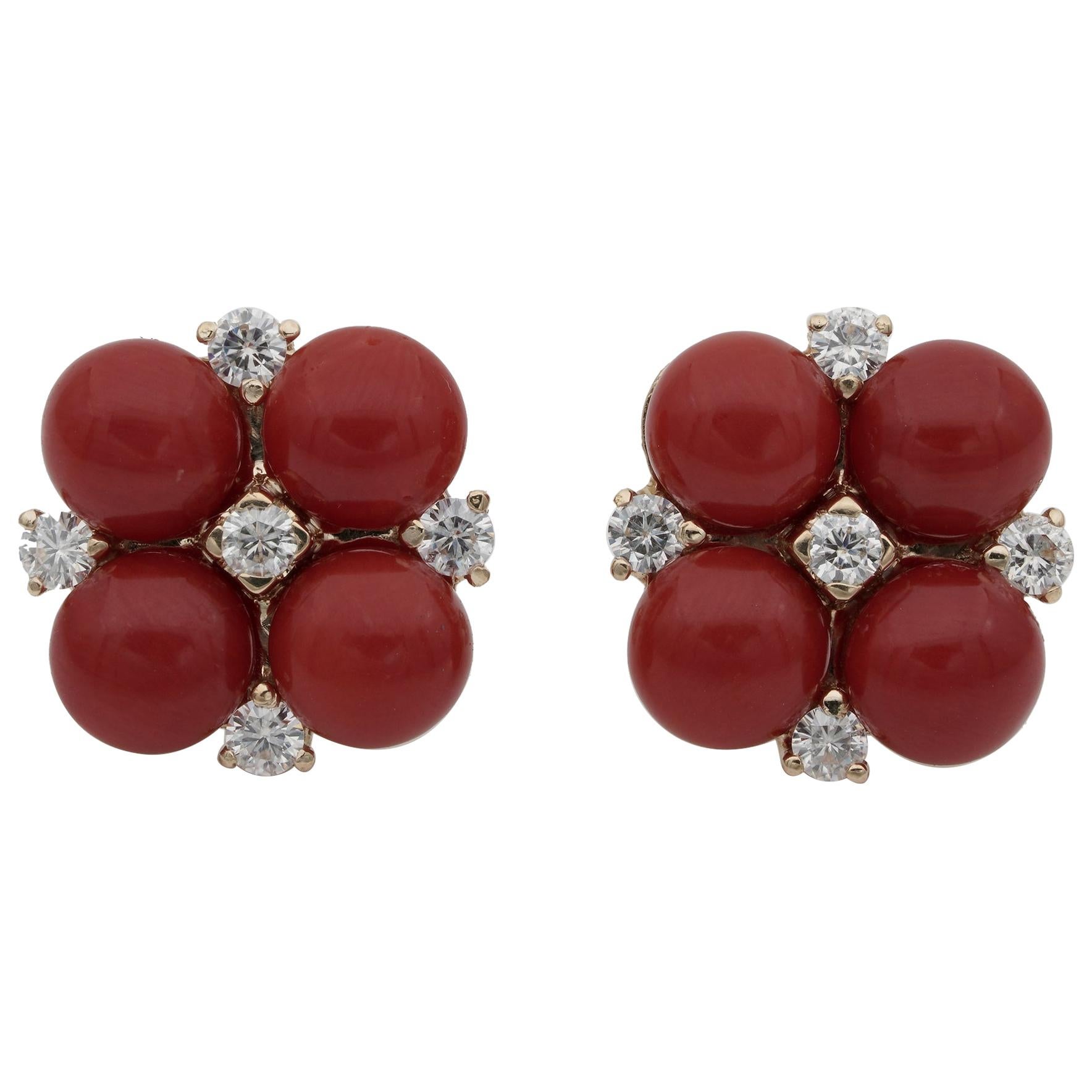 Fabulous Deep Red Sardinia Coral .50 Carat Diamond Floret Earrings For Sale