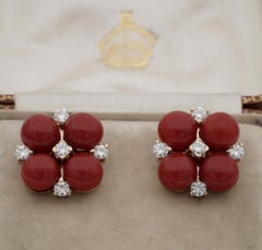 Fabulous Deep Red Sardinia Coral .50 Carat Diamond Floret Earrings