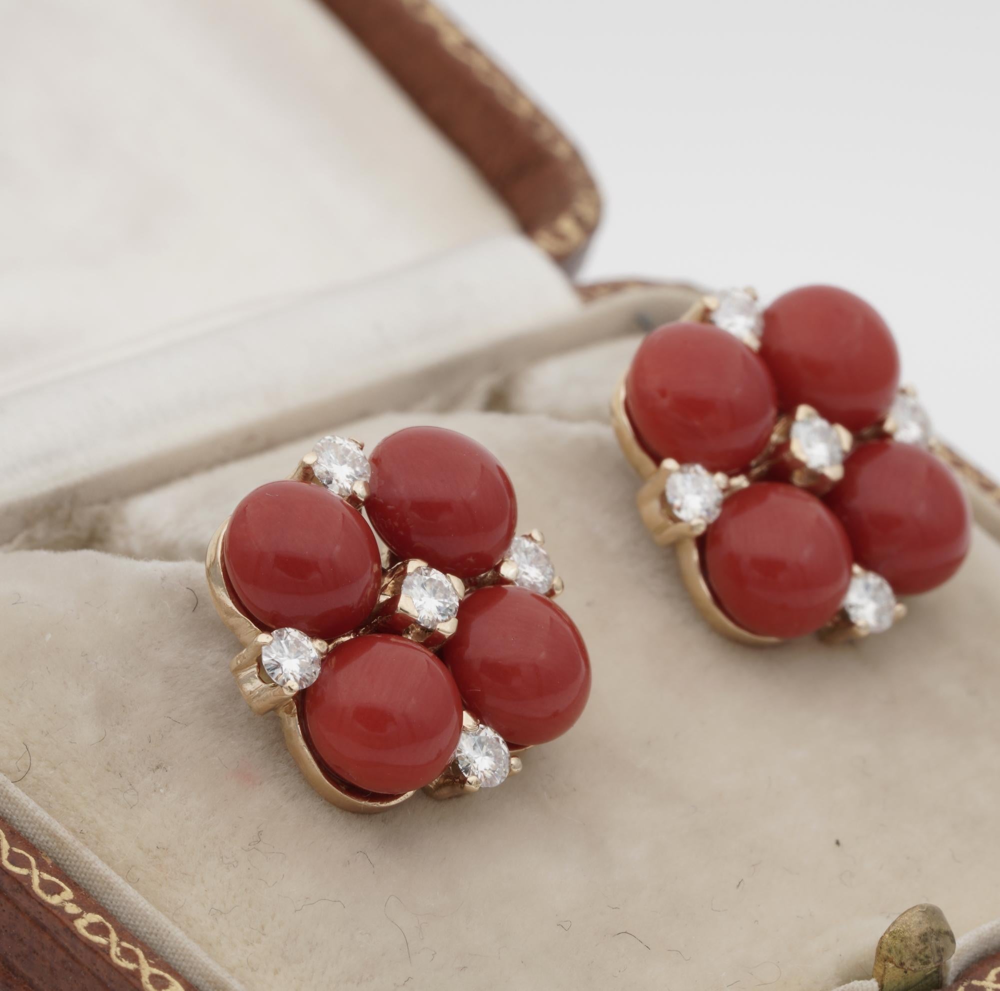Contemporary Fabulous Deep Red Sardinia Coral .50 Carat Diamond Floret Earrings For Sale