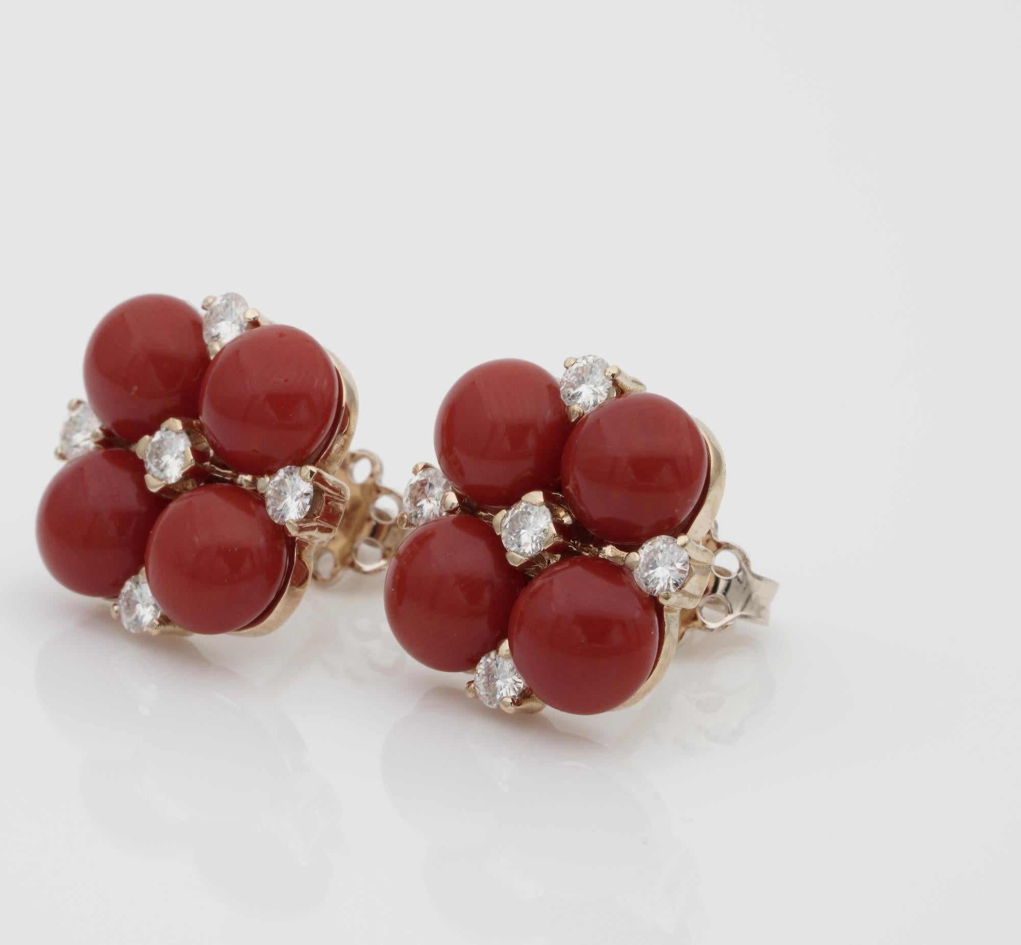 Fabulous Deep Red Sardinia Coral .50 Carat Diamond Floret Earrings In Good Condition For Sale In Napoli, IT