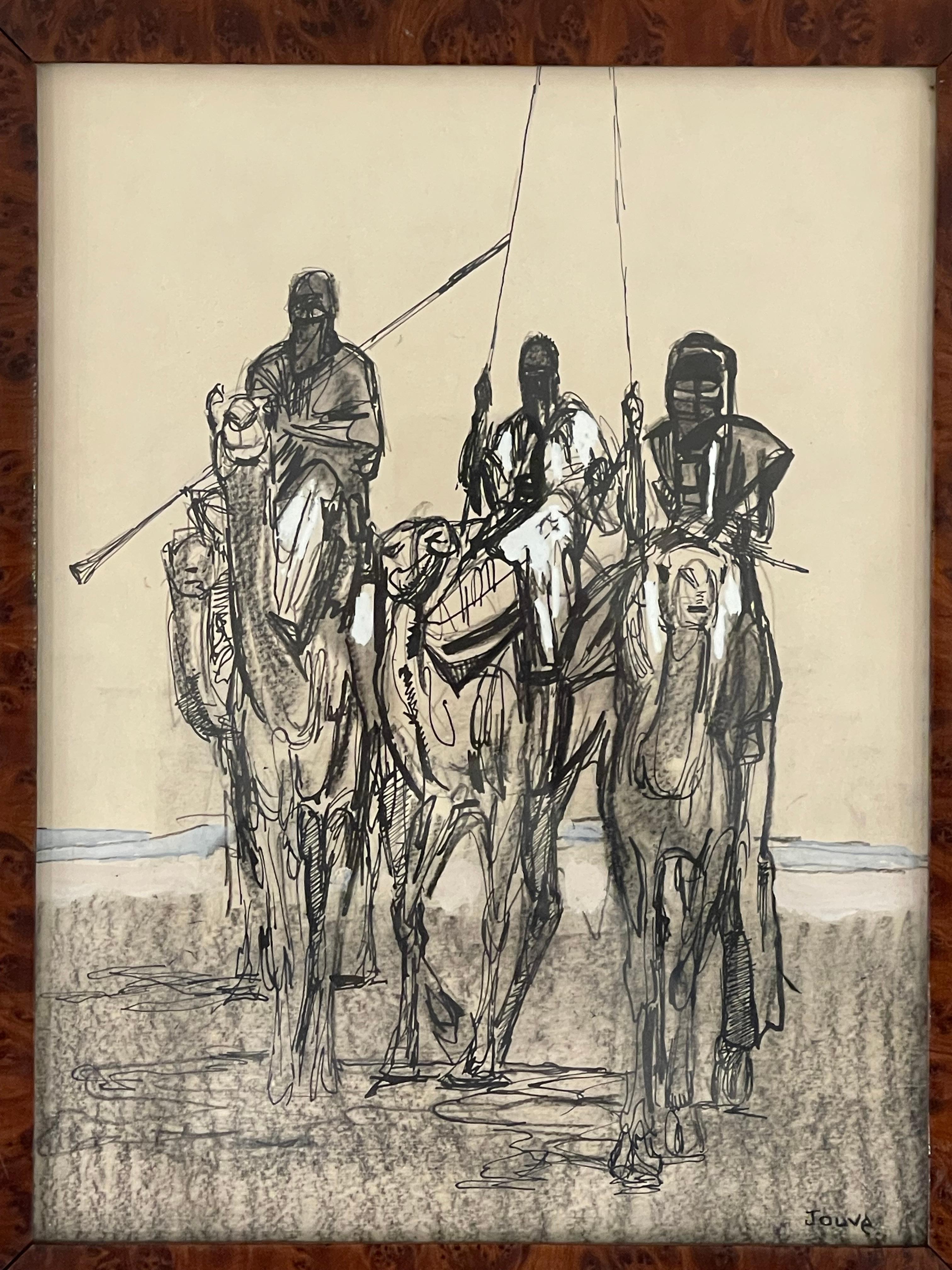 French Fabulous drawing of Méharistes on dromedaries by Paul Jouve, circa 1931 For Sale
