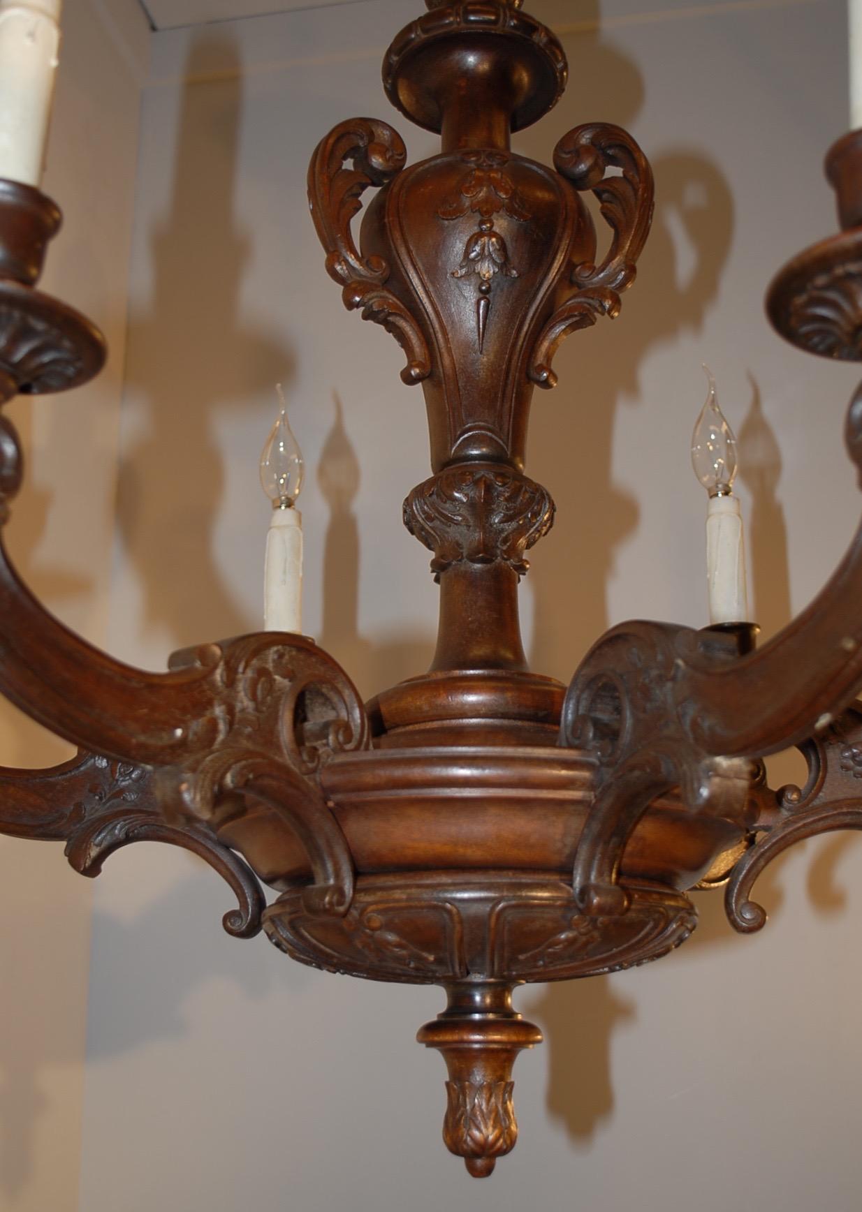 20th Century Fabulous Early 1900's Six-Light Quality Carved Nutwood Chandelier Light Fixture For Sale