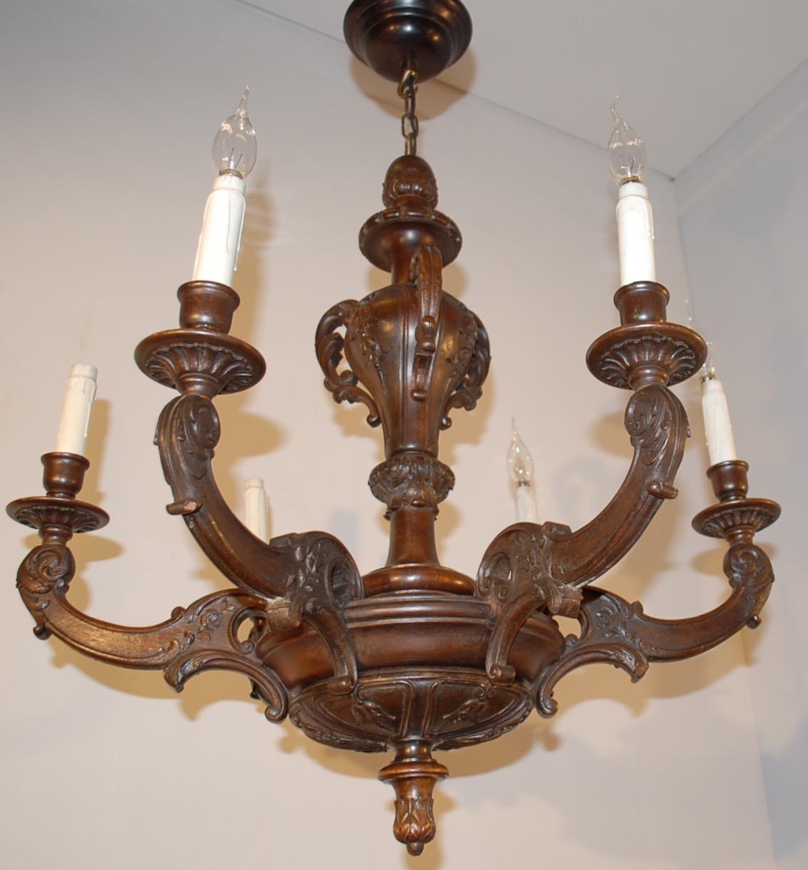 Fabulous Early 1900's Six-Light Quality Carved Nutwood Chandelier Light Fixture For Sale 3