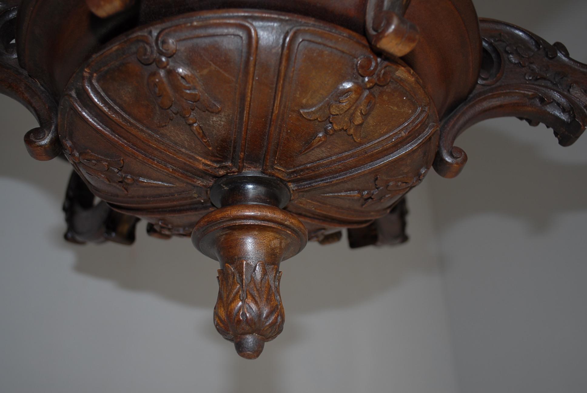 Fabulous Early 1900's Six-Light Quality Carved Nutwood Chandelier Light Fixture For Sale 4