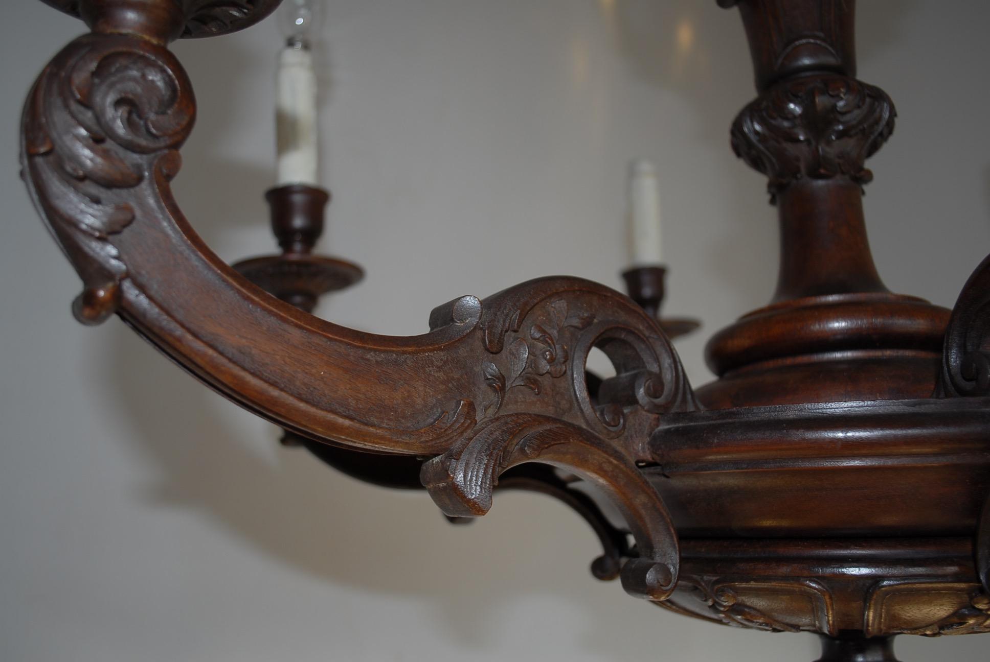 Romantic Fabulous Early 1900's Six-Light Quality Carved Nutwood Chandelier Light Fixture For Sale