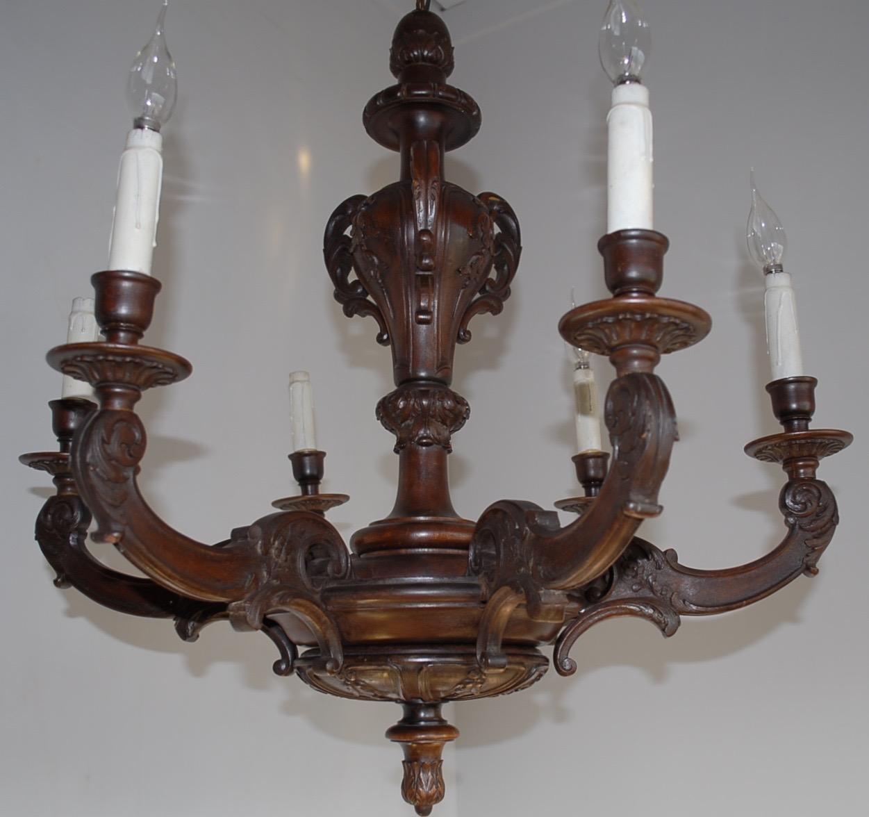 Italian Fabulous Early 1900's Six-Light Quality Carved Nutwood Chandelier Light Fixture For Sale