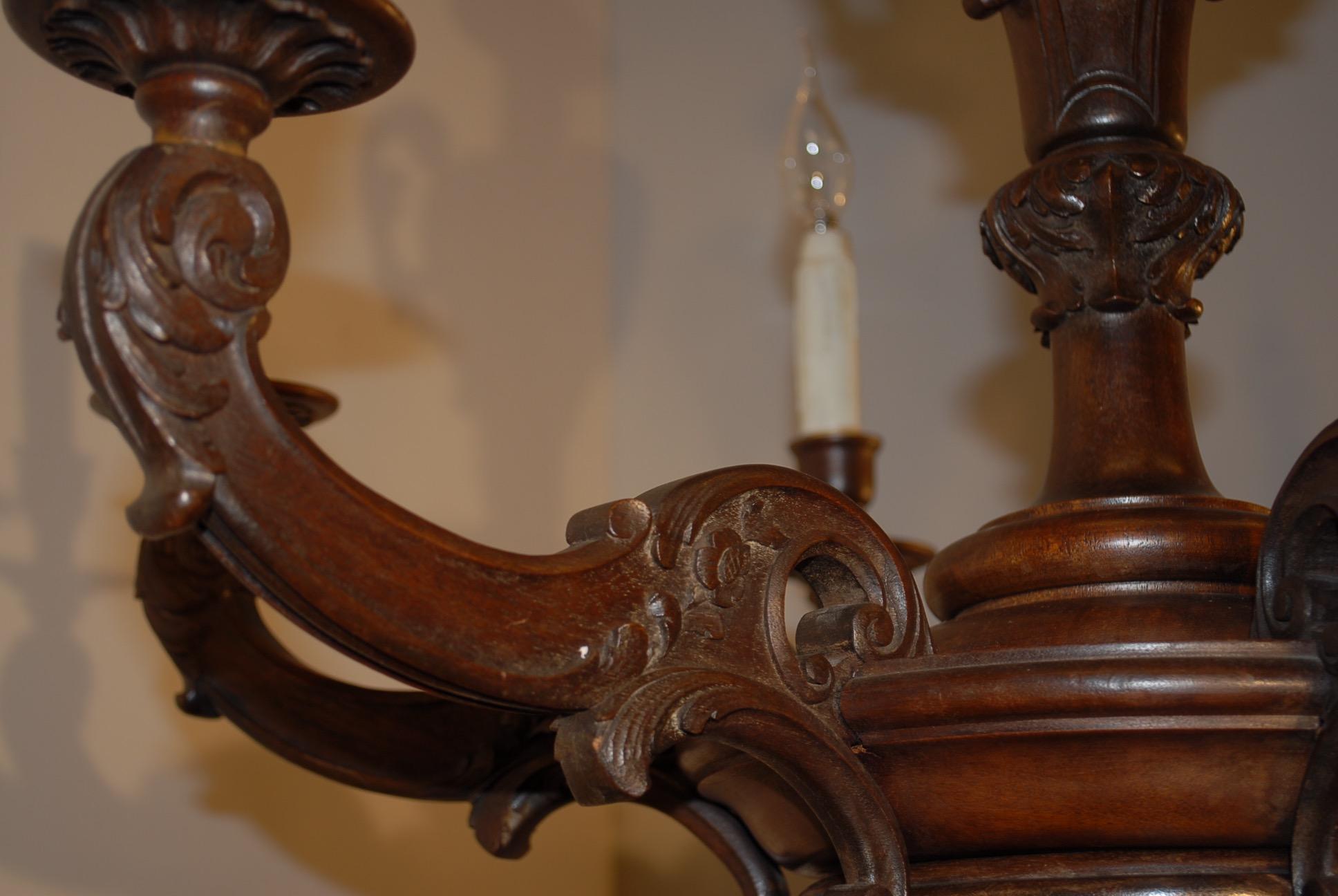 Hand-Carved Fabulous Early 1900's Six-Light Quality Carved Nutwood Chandelier Light Fixture For Sale