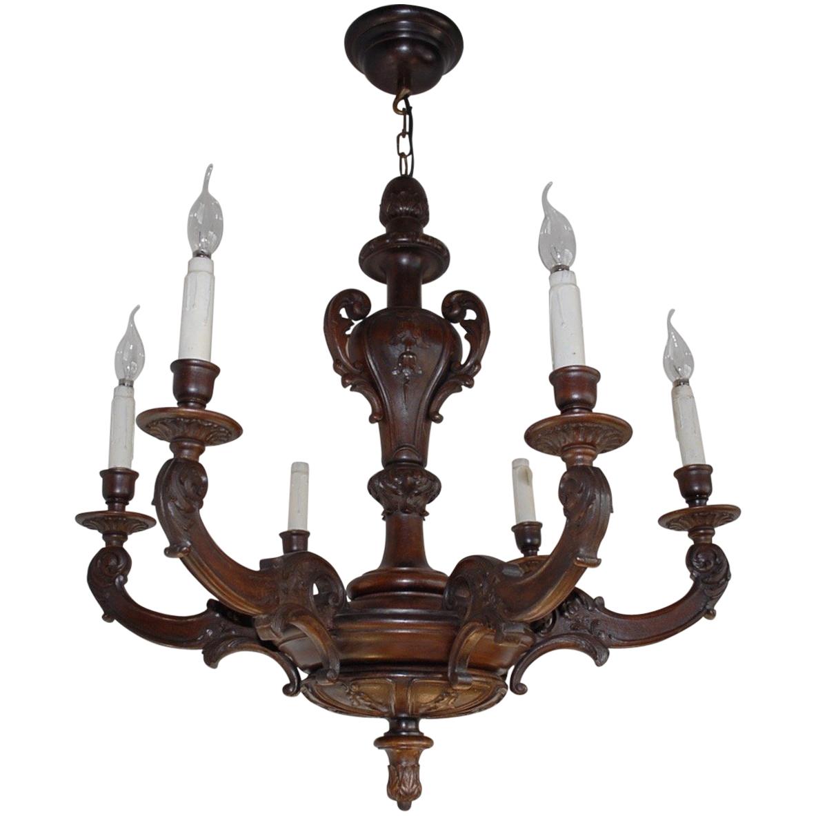 Fabulous Early 1900's Six-Light Quality Carved Nutwood Chandelier Light Fixture