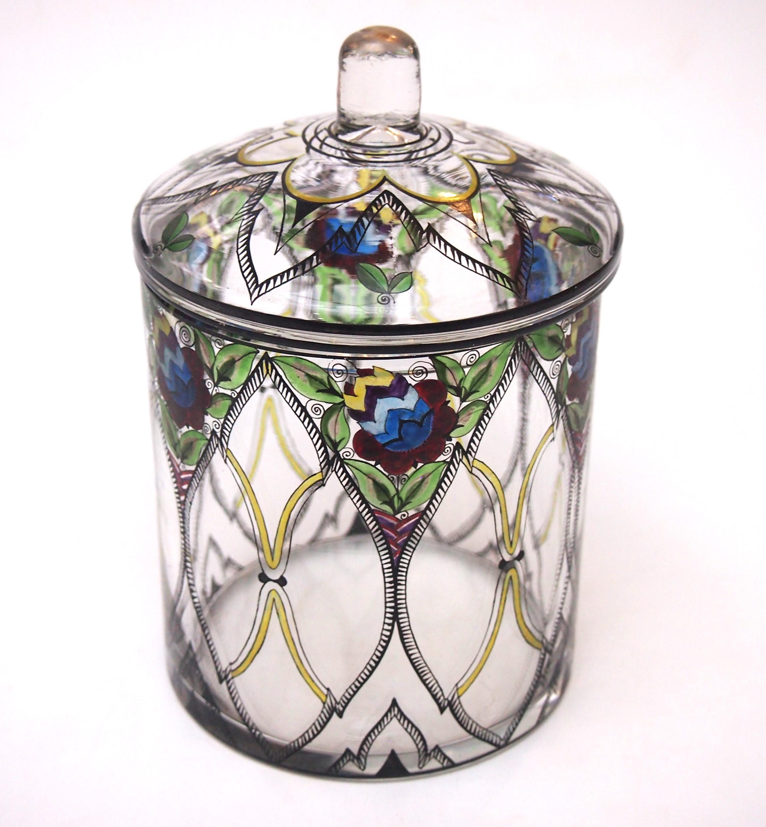 A fabulous Fachschule Haida Enamel Box and Cover. Enamelled with stylised flowers in a typical black and yellow ornate framing -This dates to around 1910. This design and similar ones are well document and are featured in many important books on