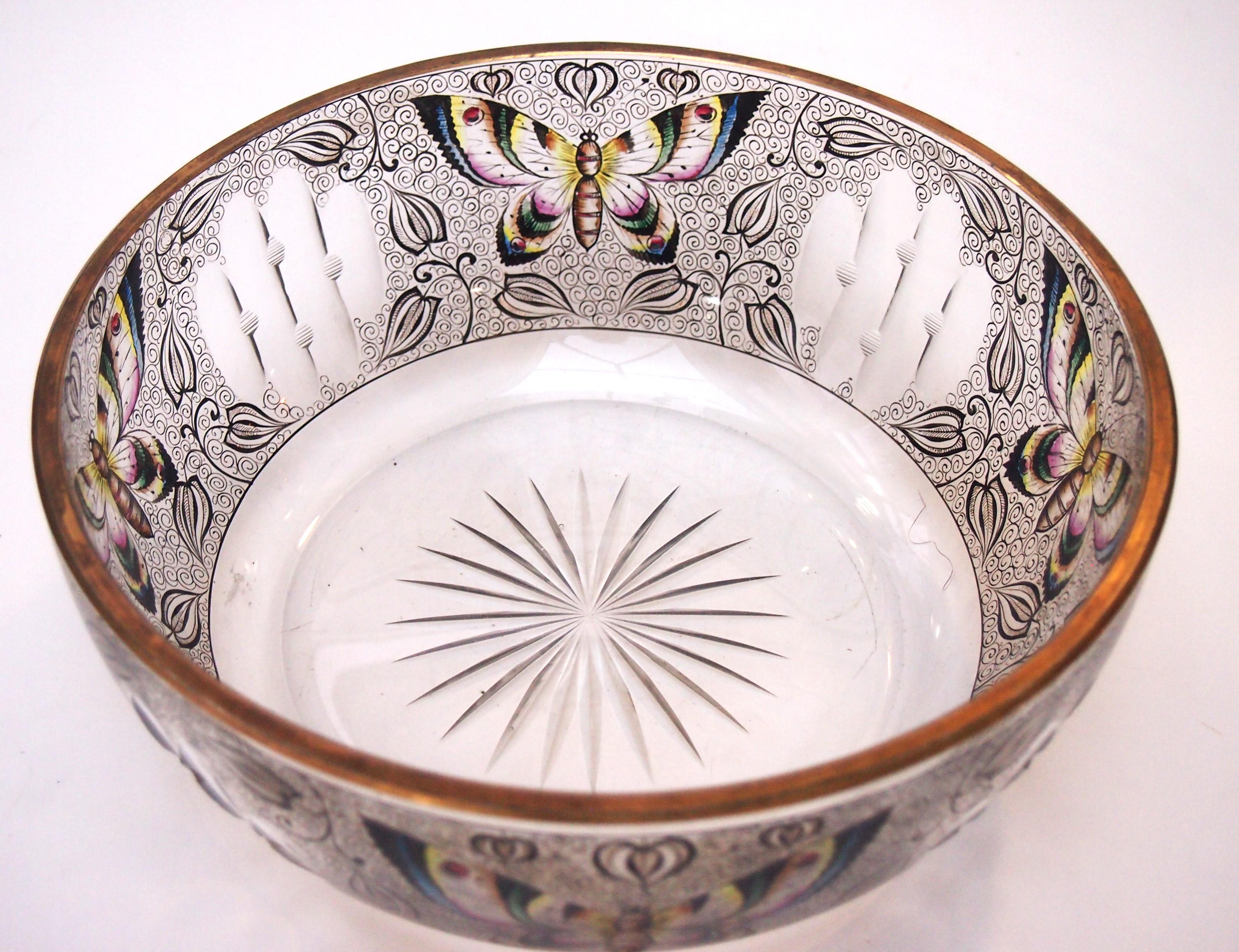 Fabulous large Fachschule Haida Enamel and Cut Butterfly Bowl. Hand cut and enamelled with stylised black patterns and 4 fabulous polychrome butterfly panels -with a traditional star cut base -This dates to around 1910. The Butterfly design and