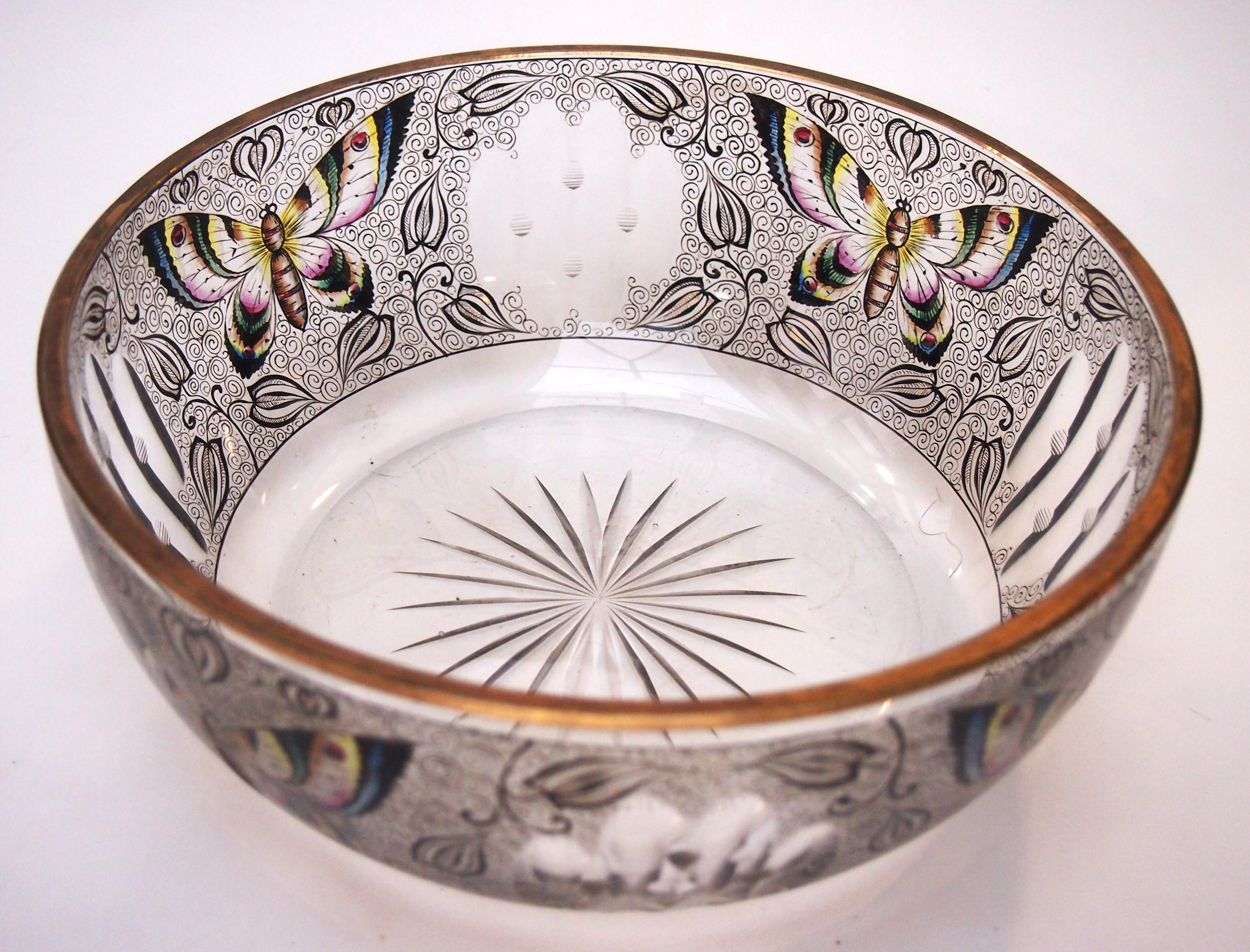 Art Nouveau Fabulous Enamelled Butterfly Bowl from Fachschule Haida Glass School For Sale