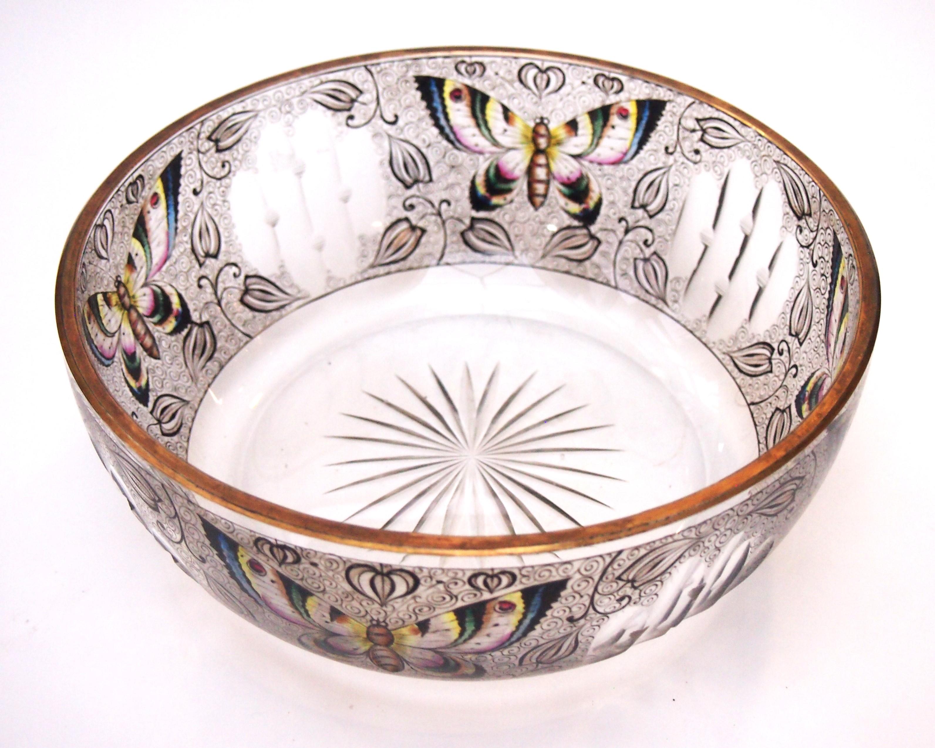 Czech Fabulous Enamelled Butterfly Bowl from Fachschule Haida Glass School For Sale