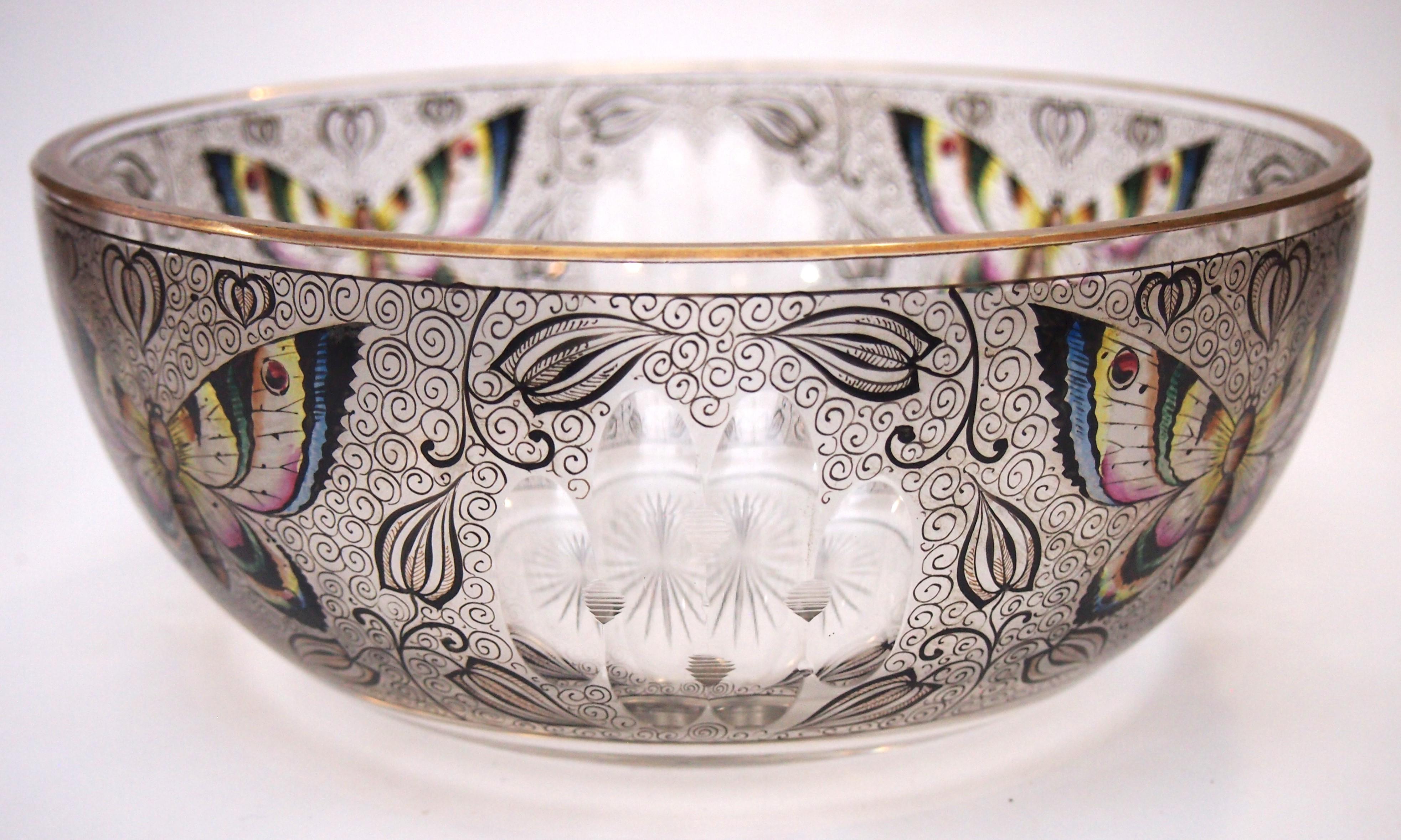 Fabulous Enamelled Butterfly Bowl from Fachschule Haida Glass School In Good Condition For Sale In Worcester Park, GB