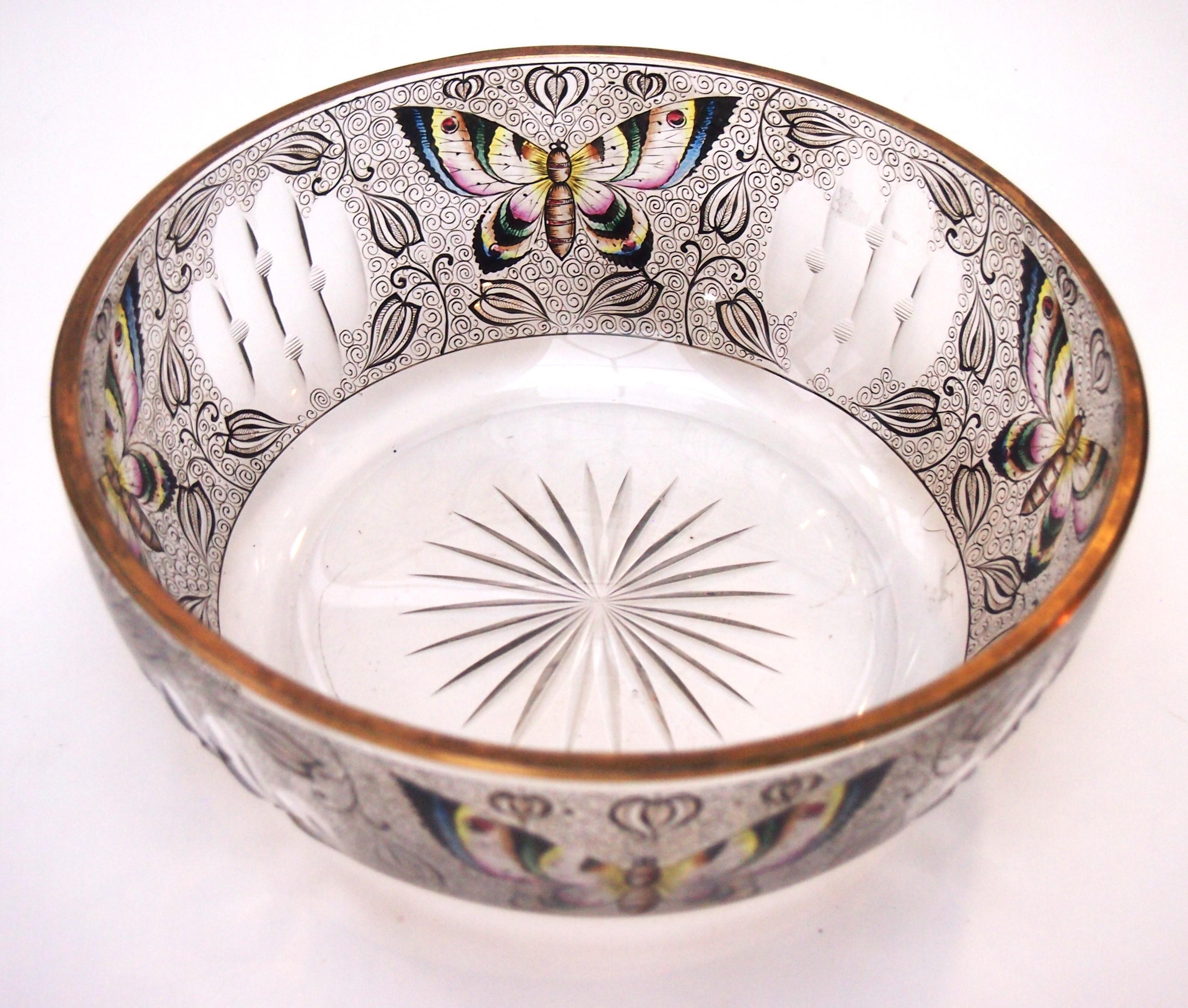 Early 20th Century Fabulous Enamelled Butterfly Bowl from Fachschule Haida Glass School For Sale