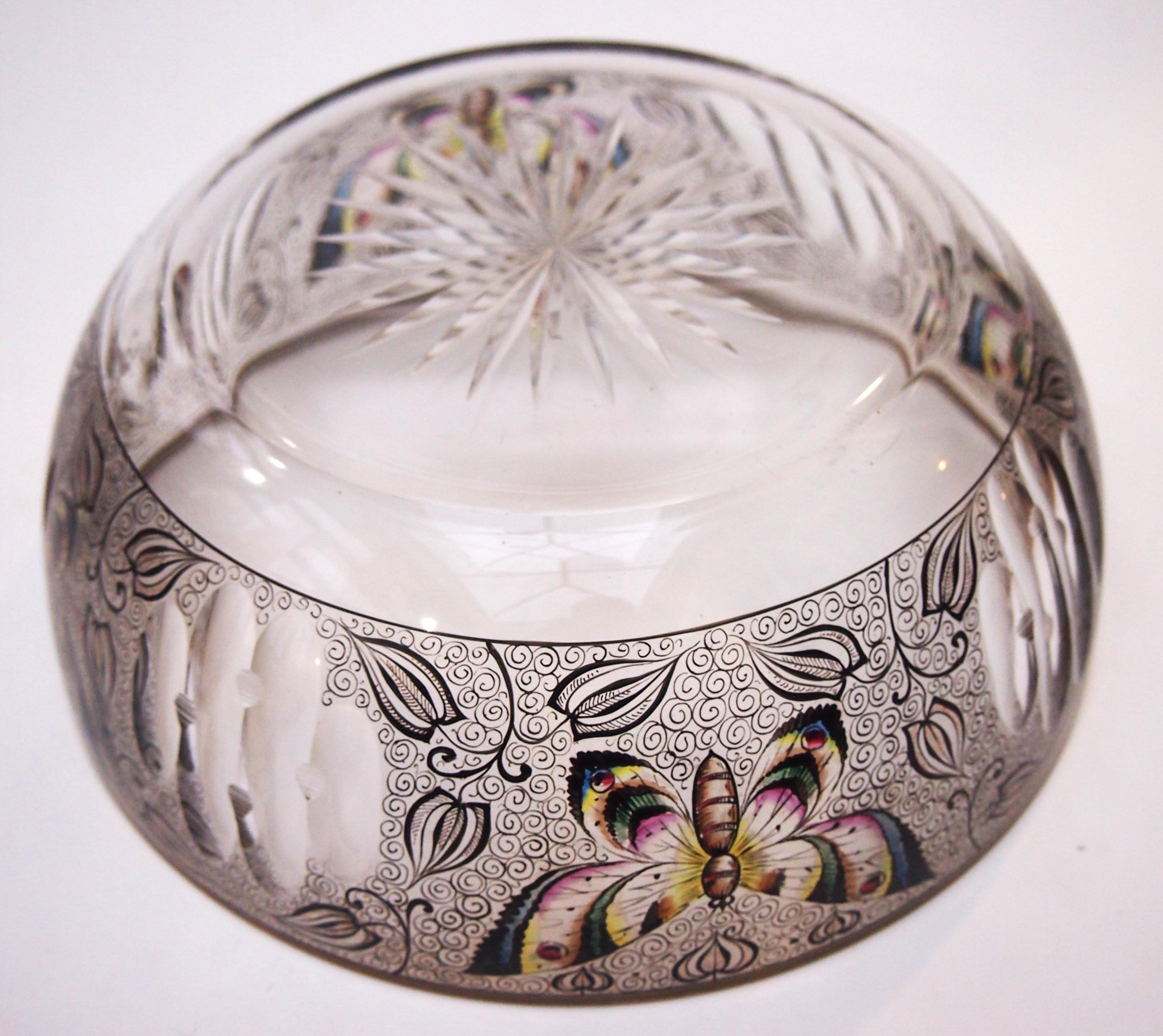Art Glass Fabulous Enamelled Butterfly Bowl from Fachschule Haida Glass School For Sale