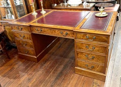 Fabulous English Bench Made Reprod. Burr Elm Leather Top Pedestal Partner's Desk