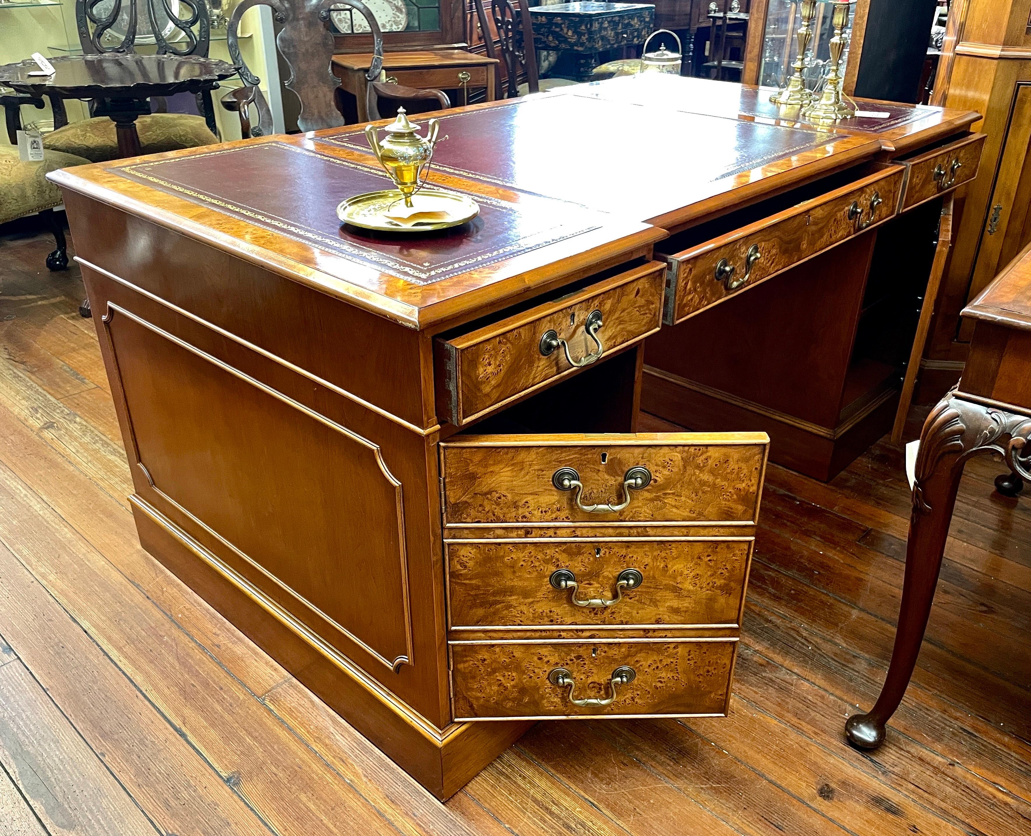 Hand-Crafted Fabulous English Bench Made Reprod. Burr Elm Leather Top Pedestal Partner's Desk For Sale