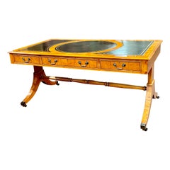 Antique Fabulous English Reprod. Bench Made Yew Wood Partner's Bureau Plat Writing Desk