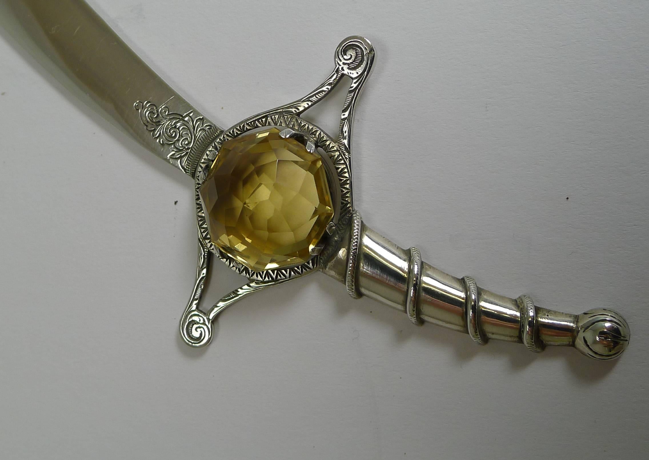 British Fabulous English Sterling Silver and Citrine Sword Letter Opener, 1929