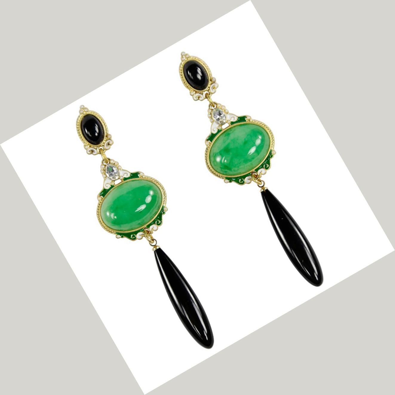 Beautiful Faux Jade, Lucite Onyx and sparkling Faux Diamonds; enhanced with green enamel. Approx. 3.5