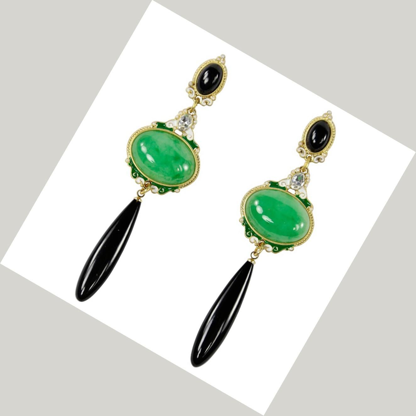 Contemporary Fabulous Faux Jade Onyx Faux Diamond Enamel Dangle Earrings