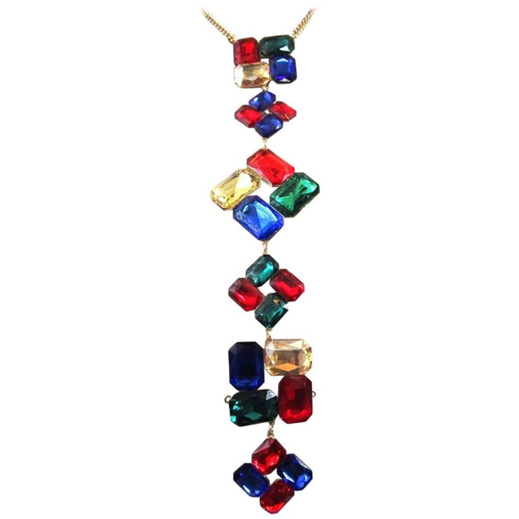 Fabulous Faux Multi Gem Square Cut Statement Drop Necklace In Excellent Condition For Sale In Montreal, QC
