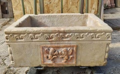 Fabulous, Finely Carved Botticino Marble Sink with a Central Inlay in red Verona