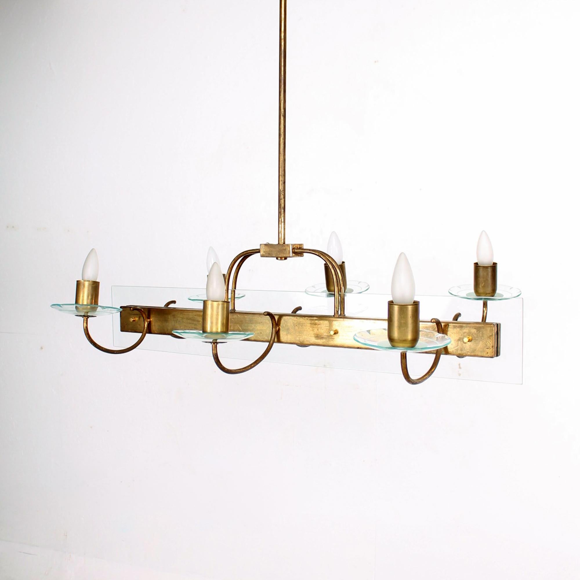Mid-Century Modern 1950s Floating Gold Six Arm Chandelier Brass & Cut-Glass Fontana Arte Italy For Sale