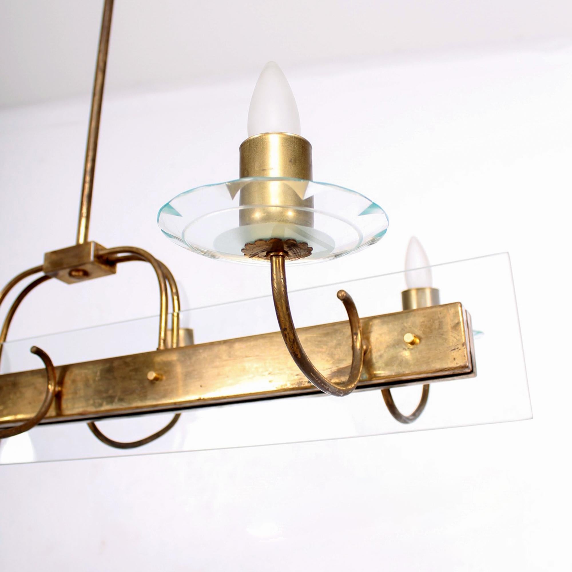 Italian 1950s Floating Gold Six Arm Chandelier Brass & Cut-Glass Fontana Arte Italy For Sale