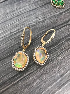 Fabulous Freeform Mexican Opal Earrings with Diamond Accent in 18 Karat Gold