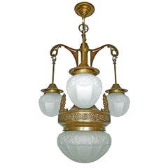 Fabulous French Art Deco Art Nouveau Brass Molded Frosted Glass Chandelier