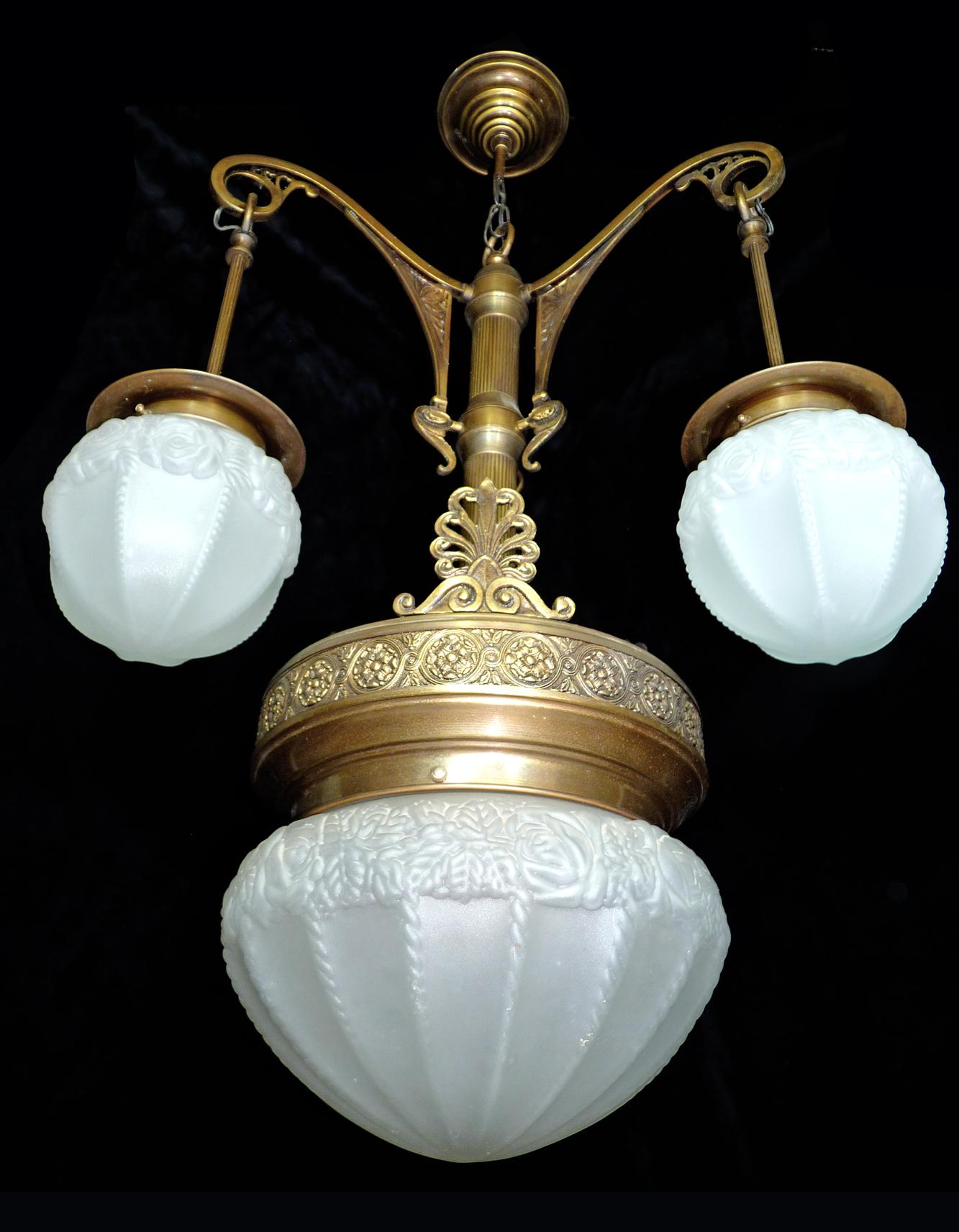 Fabulous French Art Deco Art Nouveau Brass Molded Frosted Glass Chandelier For Sale 1