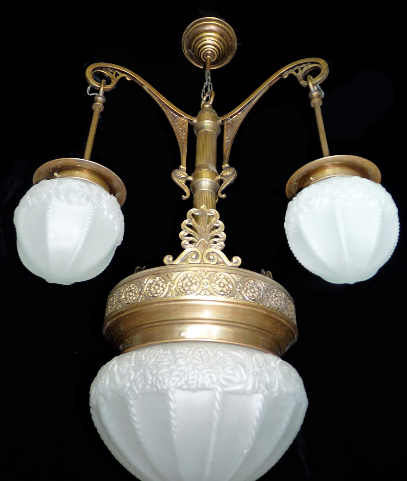 Fabulous French Art Deco Art Nouveau Brass Molded Frosted Glass Chandelier For Sale 3