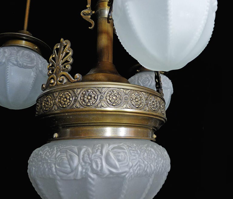 Fabulous French Art Deco Art Nouveau Brass Molded Frosted Glass Chandelier For Sale 4