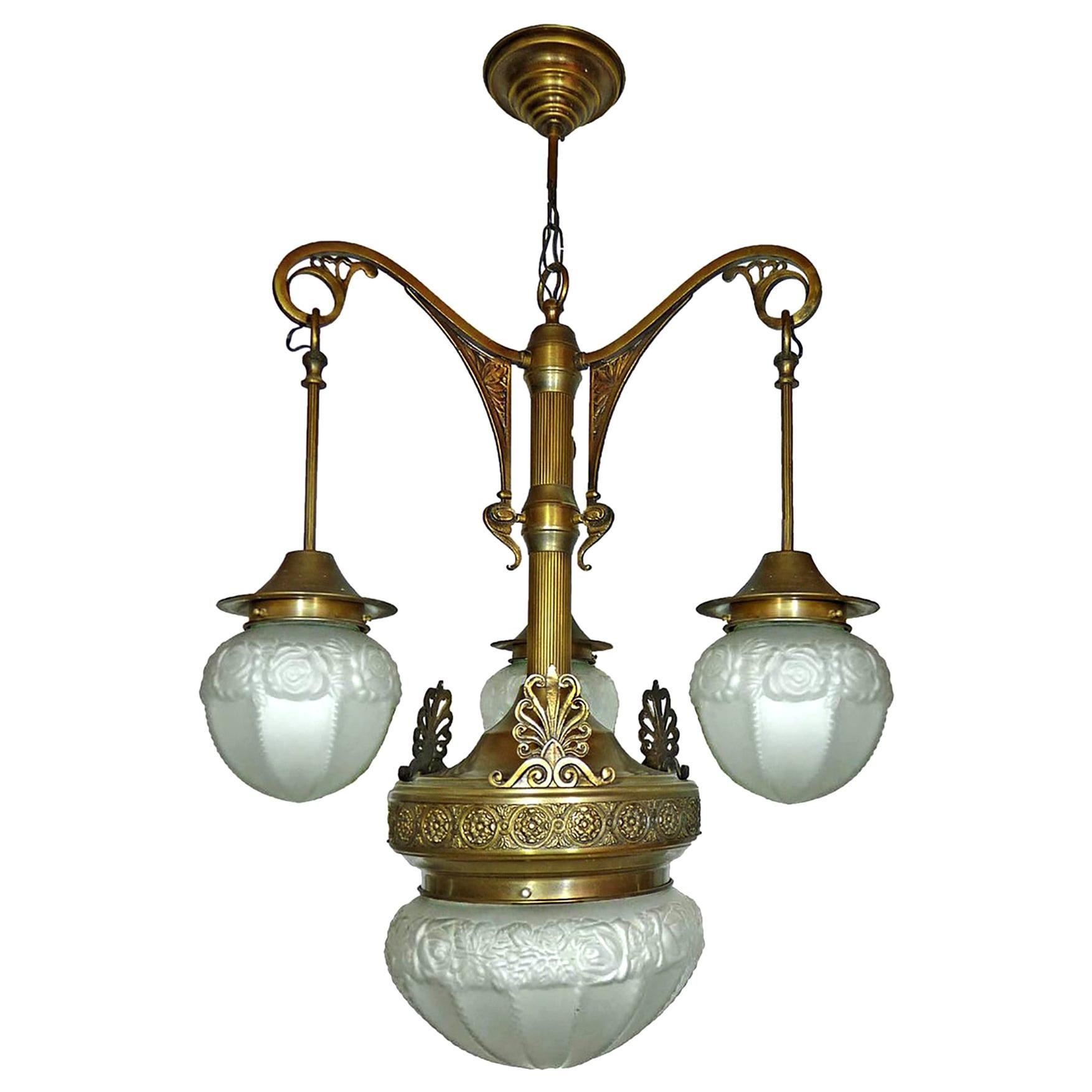 Fabulous French Art Deco Art Nouveau Brass Molded Frosted Glass Chandelier