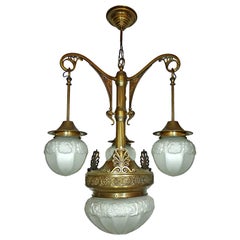 Fabulous French Art Deco Art Nouveau Brass Molded Frosted Glass Chandelier