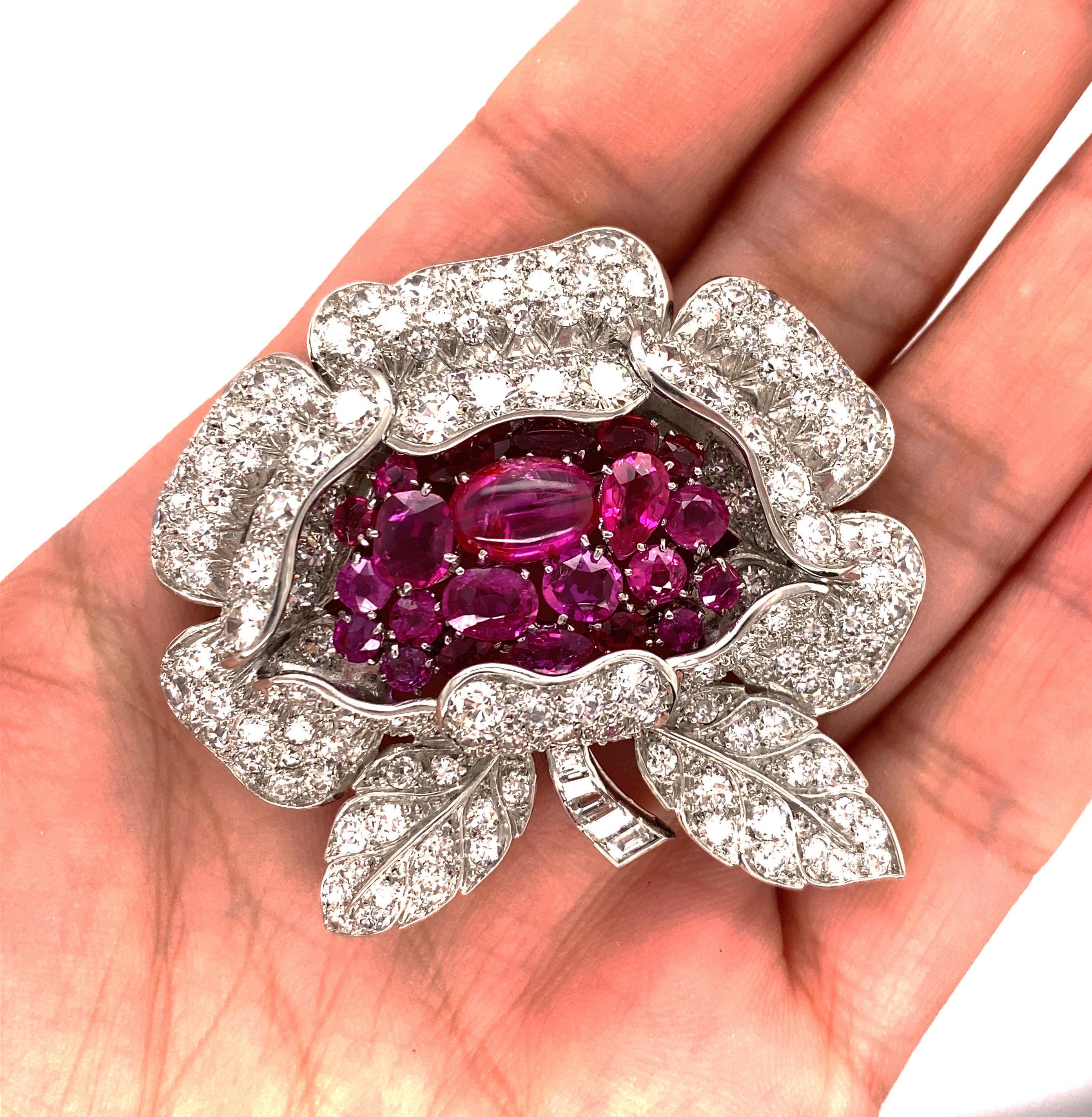 Fabulous French Art Deco Platinum Burmese Ruby Diamond Brooch For Sale 1