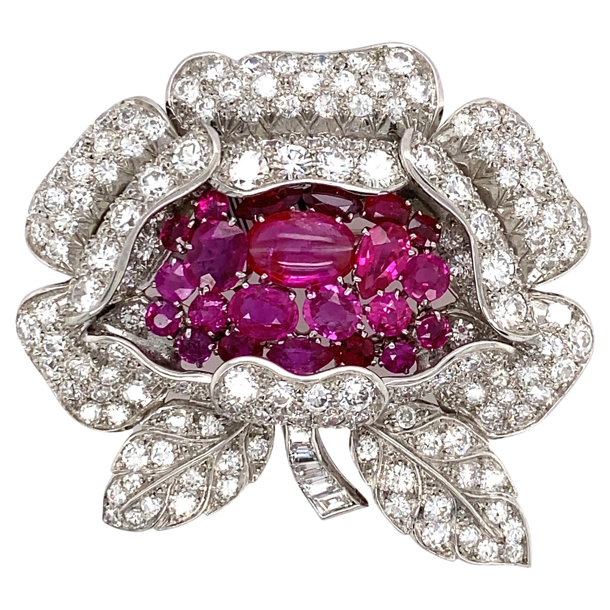 Fabulous French Art Deco Platinum Burmese Ruby Diamond Brooch For Sale