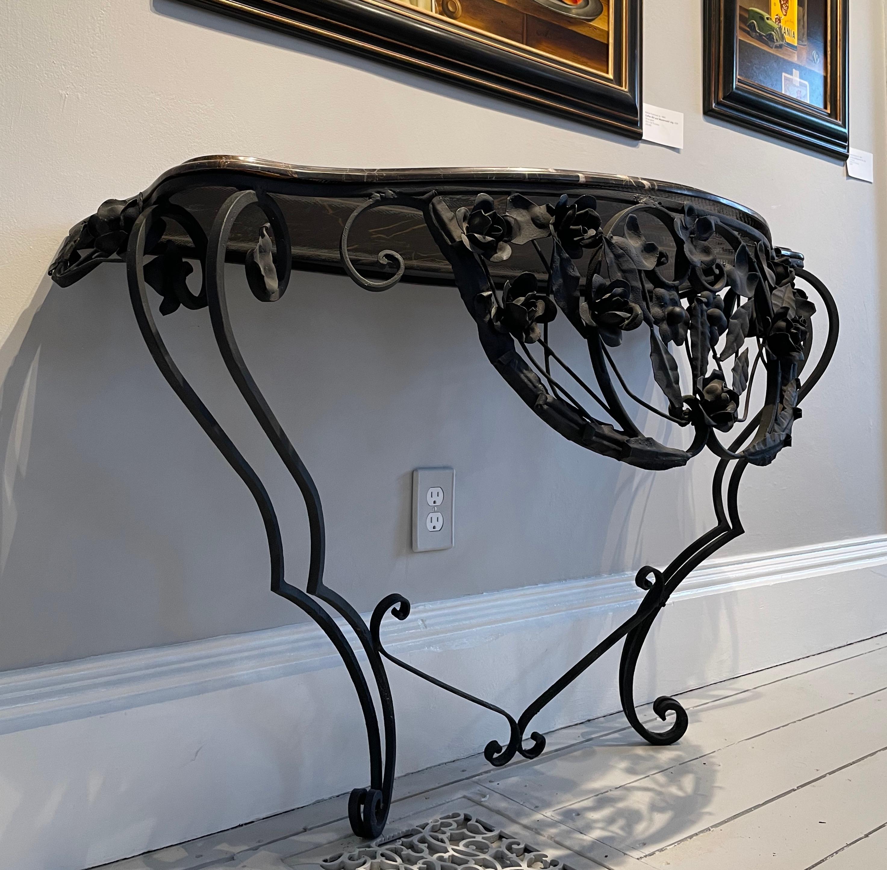 Hand-Crafted Fabulous French Bombé Wrought Iron and Marble Console Table For Sale