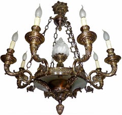 Fabulous French Empire Patinated and Gilt Bronze 9-Light Glass Torch Chandelier