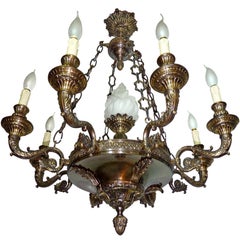 Fabulous French Empire Patinated and Gilt Bronze 9-Light Glass Torch Chandelier