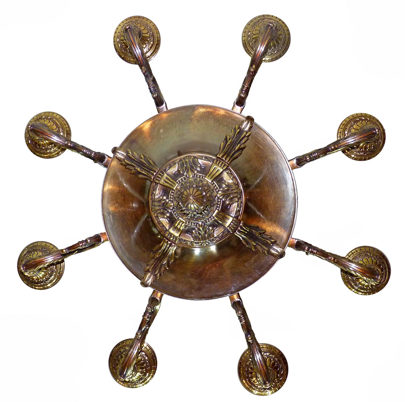 20th Century Fabulous French Empire Patinated and Gilt Bronze 9-Light Glass Torch Chandelier For Sale