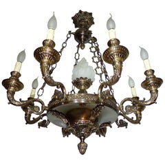 Fabulous French Empire Patinated and Gilt Bronze 9-Light Glass Torch Chandelier