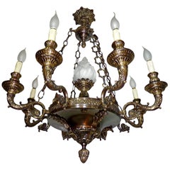 Fabulous French Empire Patinated and Gilt Bronze 9-Light Glass Torch Chandelier