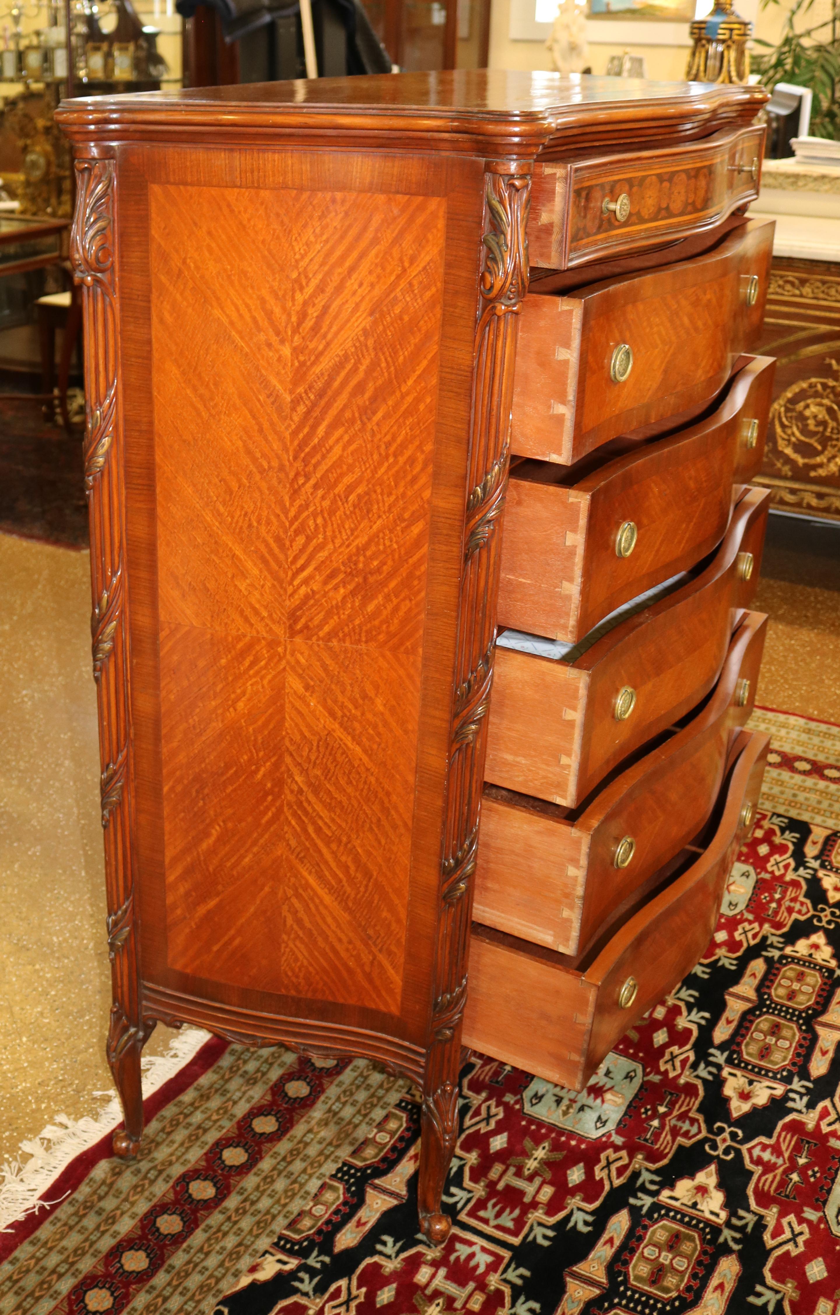 Fabulous French Louis XV Style Inlaid Kingwood High Chest Dresser For Sale 8