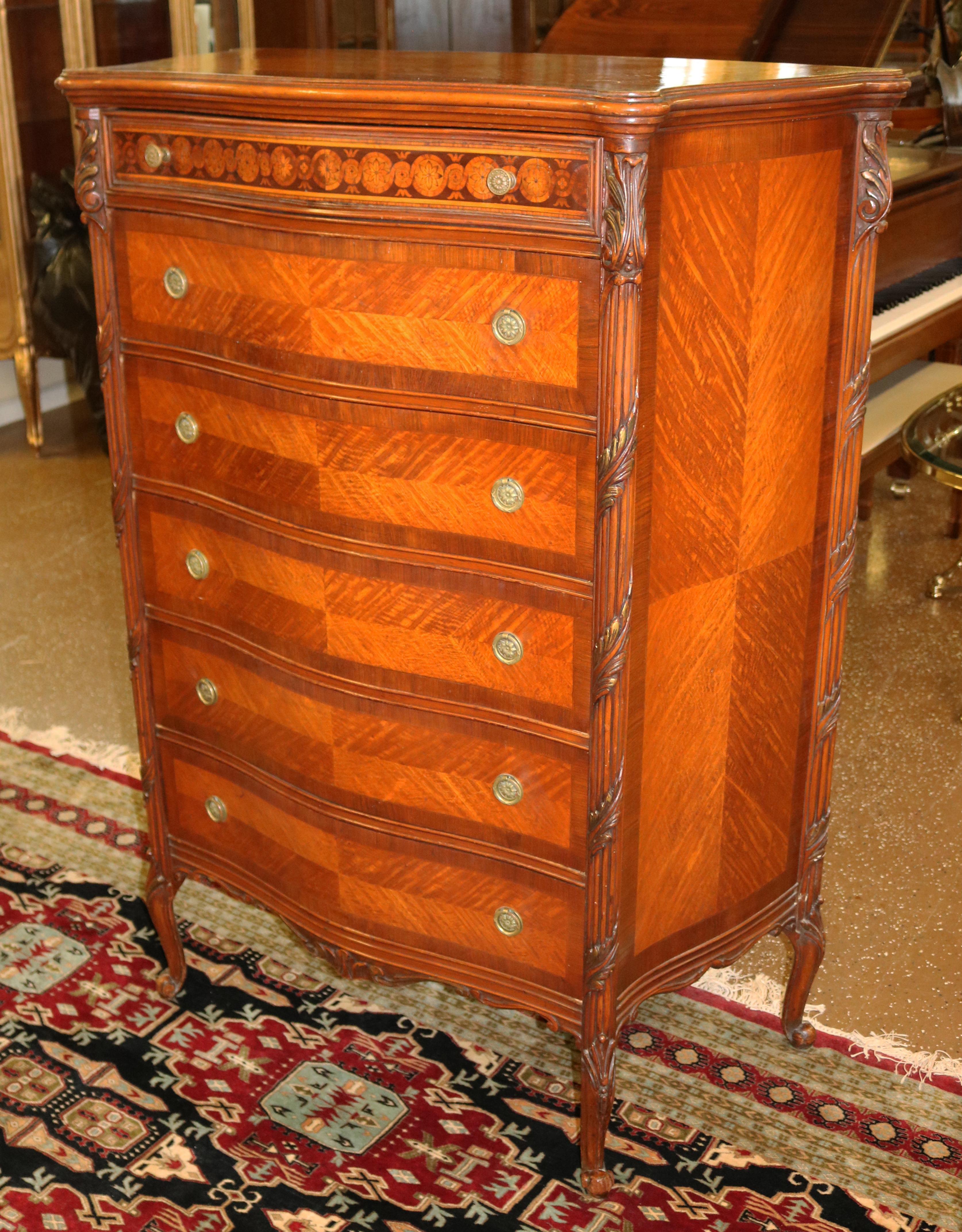 Fabulous French Louis XV Style Inlaid Kingwood High Chest Dresser In Good Condition For Sale In Long Branch, NJ